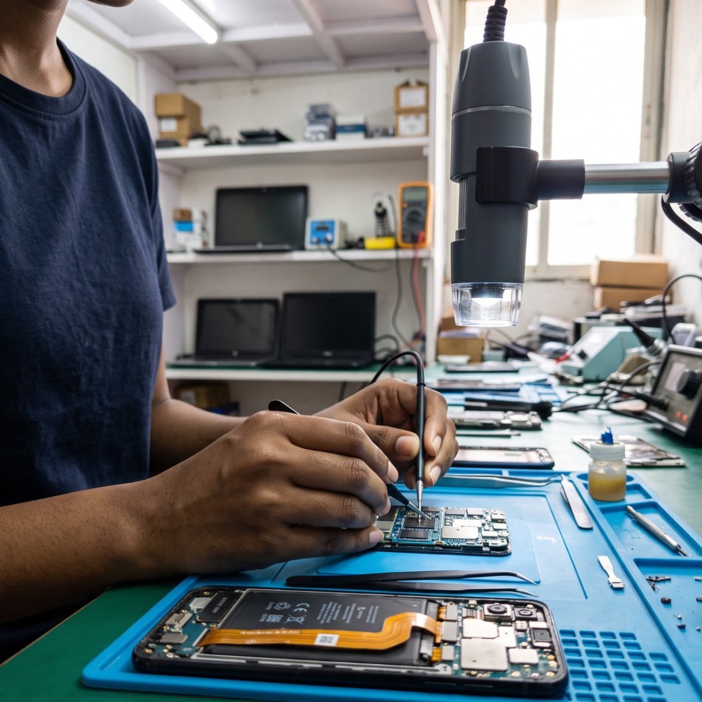Mobile repair under microscope